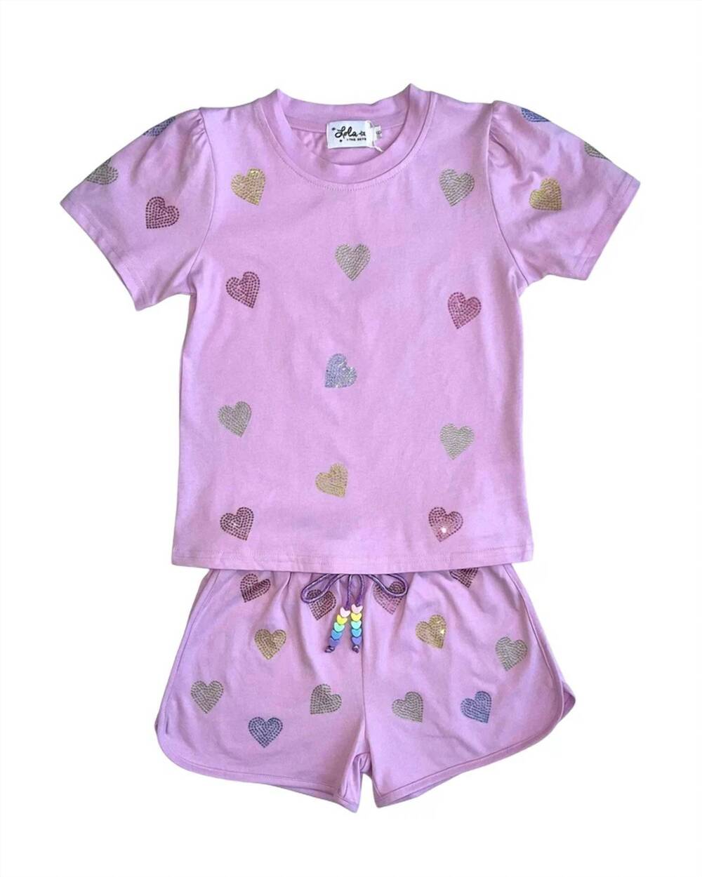 NEW LOLA + THE BOYS girls' crystal hearts short set in lavender